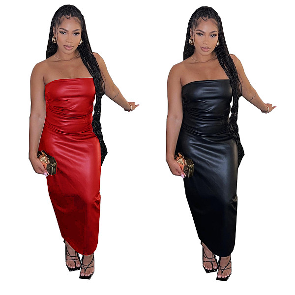 Sexy Strapless Elastic Waistband Side Zipper and Back Slit PU Long Dress RS-4719