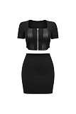 New Patchwork PU Women's Short-Sleeve Sports Casual Skirt Set RC-3404