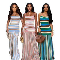 Fashionable Striped Spaghetti Strap Color Block Backless Dress PMR-TW861