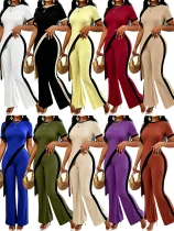 Fashionable Waist-Defining Color-Blocked Asymmetrical Cut Top and Wide-Leg Pants Set RS-M604