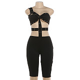 Fashion Trend Personality Rivet Sexy Hollow Tight Three-quarter Jumpsuit DLS-01028