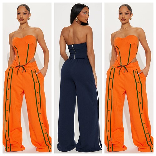 Fashionable Color-Blocked Strapless Waist-Cinching Top and Wide-Leg Pants Two-Piece Set YD-8856