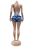 New Arrival Hand-Crocheted Knit Beach Set — Ruffled Tie-Up Crop Top & Shorts CM-60408
