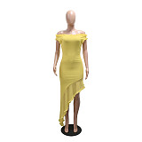 Fashion Solid Color Off-Shoulder Irregular Ruffled Short-Sleeve Dress CYA-902274