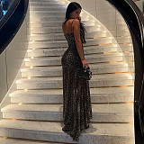 Sexy Slit Asymmetrical Backless Strapless Leopard Print Dress JY-303507