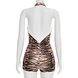Sexy Tiger Print Halter Neck Swing Neck Backless Jumpsuit Shorts RS-26RP046