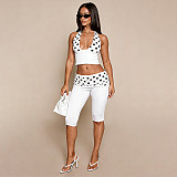Sexy Polka-Dot Print Two-Piece Set Halter-Neck Crop Top & Ruched-Waist Capri Pants RS-26ST130