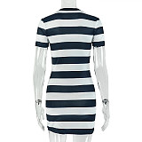 Sexy Round Neck Black and White Striped Print Button-Down Short Sleeve Bodycon Dress JY-305038