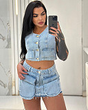 2026 Fashion Set: Cropped Sleeveless Vest Raw-Hem Pocket Denim Skirt RS-60316