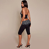 Sexy Polka-Dot Print Two-Piece Set Halter-Neck Crop Top & Ruched-Waist Capri Pants RS-26ST130
