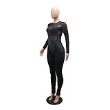 Sexy Slim Fit Round Neck Polyester Mesh Patchwork Milk Silk Long Sleeve Jumpsuit CYA-902361