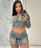 2026 Fashion Set: Cropped Sleeveless Vest Raw-Hem Pocket Denim Skirt RS-60316