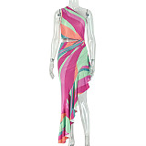 Sexy Color-Blocked Print One-Shoulder Asymmetrical Neckline Bodycon Dress JY-303961