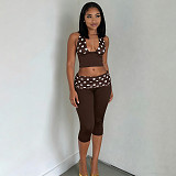 Sexy Polka-Dot Print Two-Piece Set Halter-Neck Crop Top & Ruched-Waist Capri Pants RS-26ST130