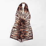 Sexy Tiger Print Halter Neck Swing Neck Backless Jumpsuit Shorts RS-26RP046