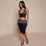 Sexy Polka-Dot Print Two-Piece Set Halter-Neck Crop Top & Ruched-Waist Capri Pants RS-26ST130