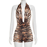 Sexy Tiger Print Halter Neck Swing Neck Backless Jumpsuit Shorts RS-26RP046