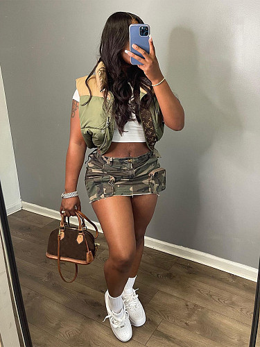 Casual Camouflage Workwear High-Waisted Multi-Pocket A-Line Skirt LD-2797