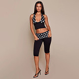Sexy Polka-Dot Print Two-Piece Set Halter-Neck Crop Top & Ruched-Waist Capri Pants RS-26ST130