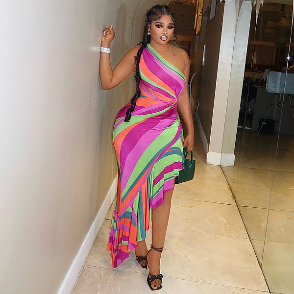 Sexy Color-Blocked Print One-Shoulder Asymmetrical Neckline Bodycon Dress JY-303961