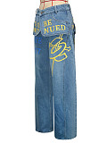Flared Cuff Graffiti Print Distressed Wash Loose-Fit High-Waisted Wide-Leg Jeans RS-391551