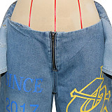 Flared Cuff Graffiti Print Distressed Wash Loose-Fit High-Waisted Wide-Leg Jeans RS-391551