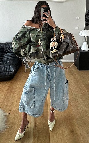 New Fashionable Washed Workwear-Style Loose-Fit Capri Jeans XINH-2025