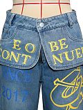 Flared Cuff Graffiti Print Distressed Wash Loose-Fit High-Waisted Wide-Leg Jeans RS-391551