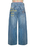 Flared Cuff Graffiti Print Distressed Wash Loose-Fit High-Waisted Wide-Leg Jeans RS-391551