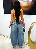 Flared Cuff Graffiti Print Distressed Wash Loose-Fit High-Waisted Wide-Leg Jeans RS-391551