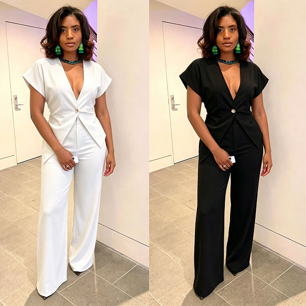 Fashionable V-neck Irregular Hem Suit Short-sleeved Trousers Two-Piece Set NY-11277