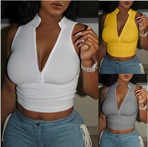 V-neck Fashion Slim Sexy Zip Crop Top FC-1289