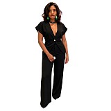 Fashionable V-neck Irregular Hem Suit Short-sleeved Trousers Two-Piece Set NY-11277