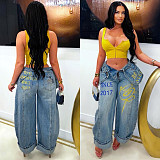 Flared Cuff Graffiti Print Distressed Wash Loose-Fit High-Waisted Wide-Leg Jeans RS-391551