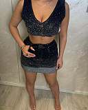Fashionable Sleeveless Short Top and Bodycon Mini Skirt Set With Full Rhinestones RS-2791