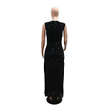 Sexy Round-Neck Sleeveless Velvet Sequin and Chiffon Patchwork Dress CYA-902330