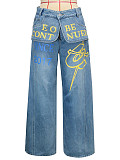 Flared Cuff Graffiti Print Distressed Wash Loose-Fit High-Waisted Wide-Leg Jeans RS-391551