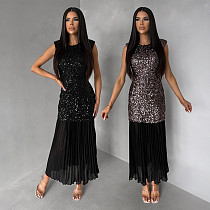 Sexy Round-Neck Sleeveless Velvet Sequin and Chiffon Patchwork Dress CYA-902330