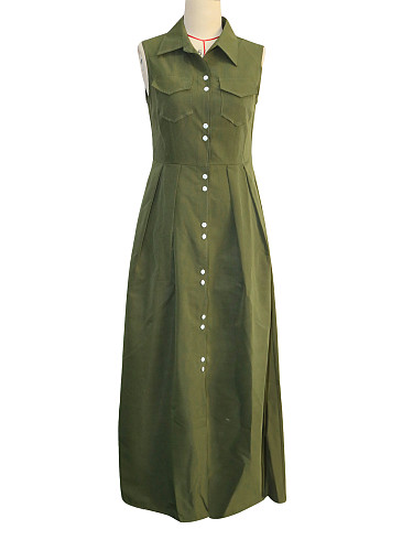 Stylish Solid-Color Sleeveless Single-Breasted Shirt-Collar Dress RS-391375