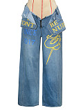 Flared Cuff Graffiti Print Distressed Wash Loose-Fit High-Waisted Wide-Leg Jeans RS-391551