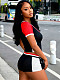 Fashionable Color-Blocked Sporty Off-Shoulder Short-Sleeve Tie-Waist Elastic Waist Shorts Set RS-L329