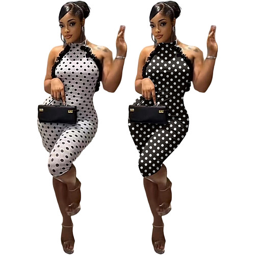 Fashion Halter Neck Polka Dot Floral Patchwork Slim Fit Stretch Jumpsuit TK-6352