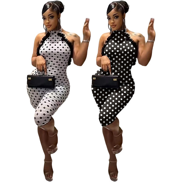 Fashion Halter Neck Polka Dot Floral Patchwork Slim Fit Stretch Jumpsuit TK-6352