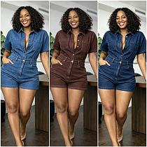 Cowboy Short Sleeved Shorts Turned-up Collar Jumpsuit RS-6703 Cowboy Short Sleeved Shorts Turned-up Collar Jumpsuit RS-6703