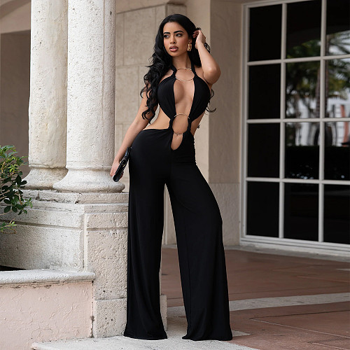 2026 Sexy Solid-Color Lace-Up Backless Bodycon Jumpsuit BY-7687