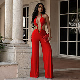 2026 Sexy Solid-Color Lace-Up Backless Bodycon Jumpsuit BY-7687