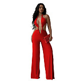 2026 Sexy Solid-Color Lace-Up Backless Bodycon Jumpsuit BY-7687
