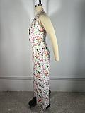 Fashionable Floral Print Halter Top and Wide-Leg Pants Set RS-4758