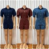 Cowboy Short Sleeved Shorts Turned-up Collar Jumpsuit RS-6703