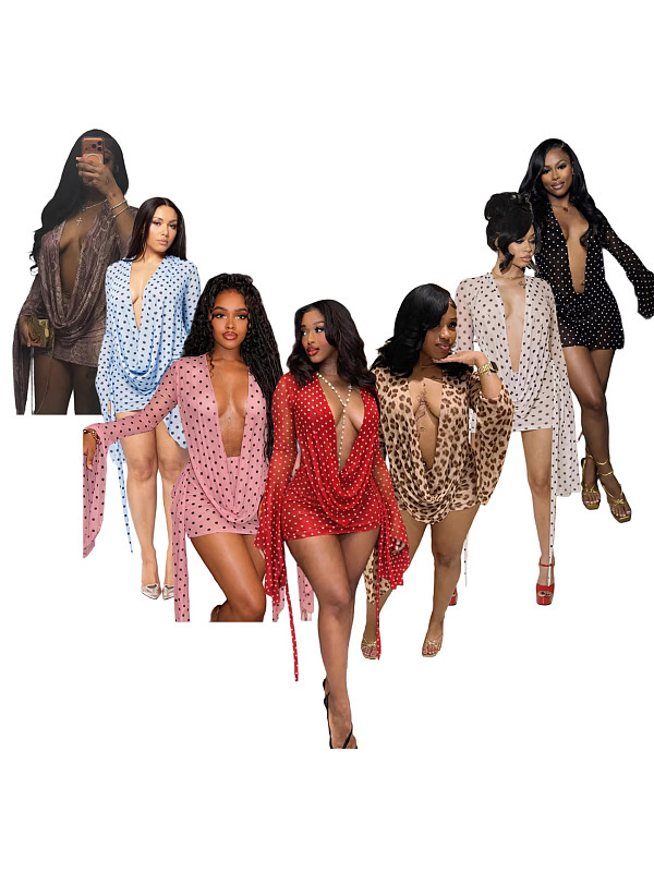 Women Deep V Cut Full Hip Long Sleeve Dress XRB-10165
